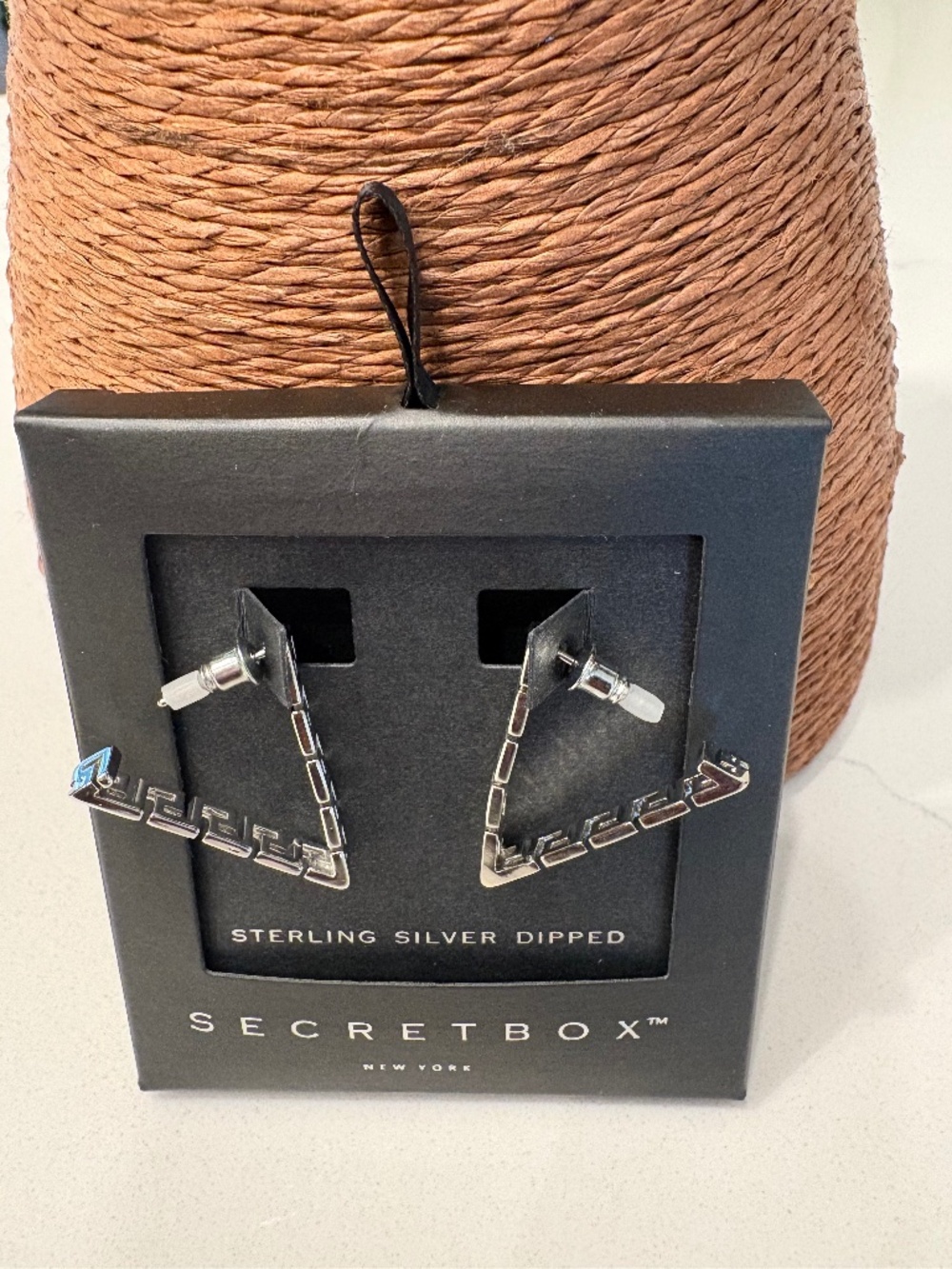 SECRET BOX NEW YORK STERLING SILVER  DIPPED GREEK PATTERN TRIANGLE HOOP DIPPED